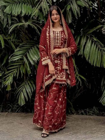 DESIGNER GEORGETTE EMBROIDERY WITH THREAD AND SEQUENCE WORK TOP PALAZZO WITH DUPATTA MAROON