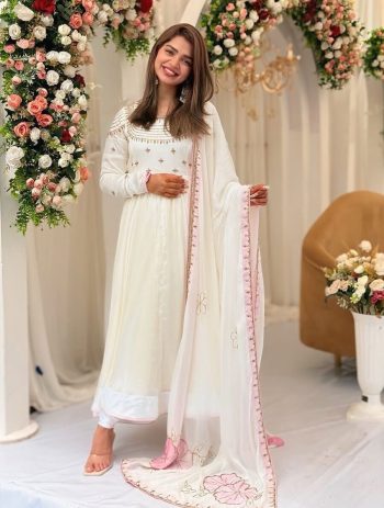 DESIGNER GEORGETTE EMBROIDERY WORK WITH MOTI LATKAN WORK GOWN BOTTOM WITH DUPATTA  WHITE