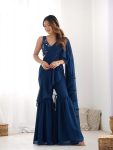 DESIGNER GEORGETTE FANCY RUFFLE WORK SHARARA SAREE WITH STITCHED BLOUSE  NAVY BLUE