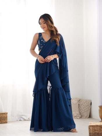 DESIGNER GEORGETTE FANCY RUFFLE WORK SHARARA SAREE WITH STITCHED BLOUSE  NAVY BLUE
