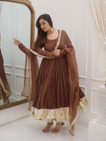DESIGNER GEORGETTE MOTI WORK GOWM BOTTOM WITH DUPATTA CHIKU
