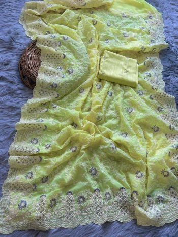 DESIGNER GEORGETTE SEQUENCE MULTI THREAD WITH  SATIN BORDER SAREE WITH UNSTITCHED  BLOUSE YELLOW