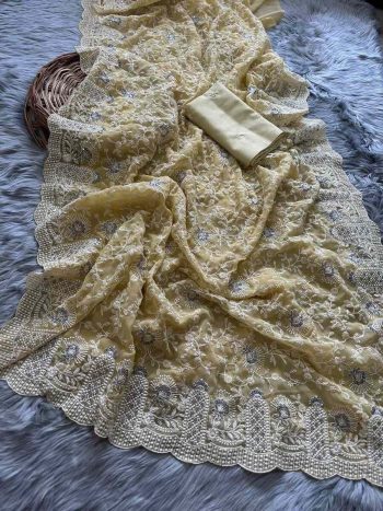 DESIGNER GEORGETTE SEQUENCE MULTI THREAD WITH  SATIN BORDER SAREE WITH UNSTITCHED  BLOUSE CREAM