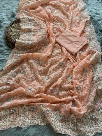 DESIGNER GEORGETTE SEQUENCE MULTI THREAD WITH  SATIN BORDER SAREE WITH UNSTITCHED  BLOUSE ORANGE
