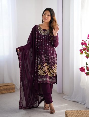 DESIGNER GEORGETTE THREAD AND SEQUENCE WORK WITH REAL MIRROR WORK TOP BOTTOM WITH DUPATTA WINE