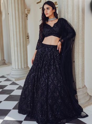 DESIGNER GEORGETTE WITH SEQUENCE AND DORI WORK LEHENGA CHOLI WITH DUPATTA BLACK