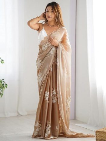 DESIGNER JIMMY CHOO DUAL SEQUENCE WITH DOUBLE SCALPING BORDER WORK SAREE WITH UNSTITCHED BLOUSE CREAM