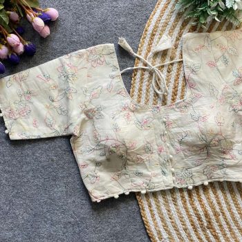 DESIGNER KHADI COTTON CHAIN STITCH EMBROIDERY WORK READY TO WEAR BLOUSE OFF WHITE