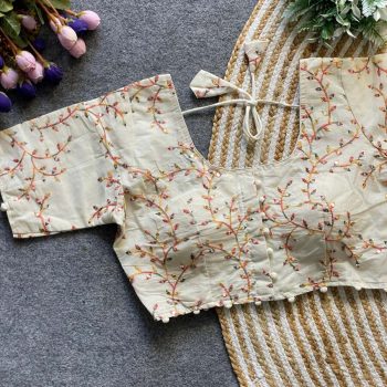 DESIGNER KHADI COTTON CHAIN STITCH EMBROIDERY WORK READY TO WEAR BLOUSE OFF WHITE