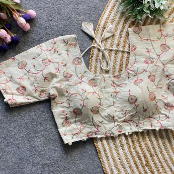 DESIGNER KHADI COTTON CHAIN STITCH EMBROIDERY WORK READY TO WEAR BLOUSE OFF WHITE