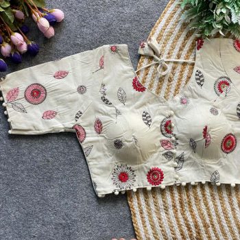 DESIGNER KHADI COTTON CHAIN STITCH EMBROIDERY WORK READY TO WEAR BLOUSE OFF WHITE