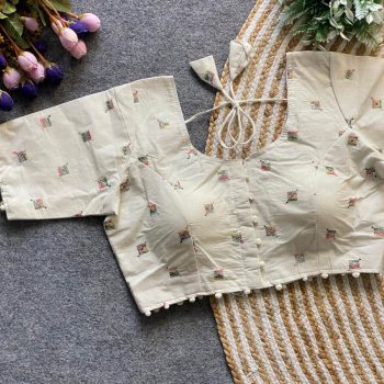DESIGNER KHADI COTTON CHAIN STITCH EMBROIDERY WORK READY TO WEAR BLOUSE OFF WHITE