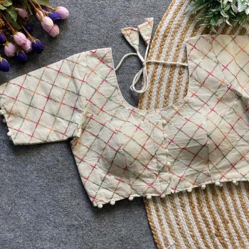 DESIGNER KHADI COTTON CHAIN STITCH EMBROIDERY WORK READY TO WEAR BLOUSE OFF WHITE
