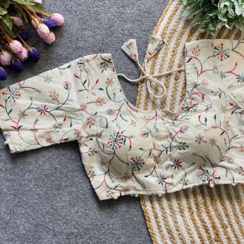 DESIGNER KHADI COTTON CHAIN STITCH EMBROIDERY WORK READY TO WEAR BLOUSE OFF WHITE