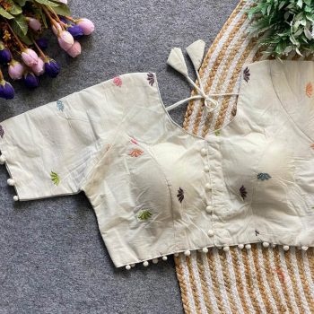 DESIGNER KHADI COTTON CHAIN STITCH EMBROIDERY WORK READY TO WEAR BLOUSE OFF WHITE