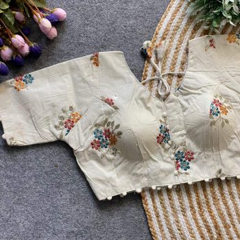 DESIGNER KHADI COTTON CHAIN STITCH EMBROIDERY WORK READY TO WEAR BLOUSE OFF WHITE