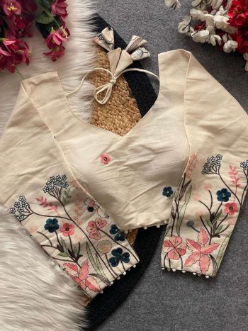 DESIGNER KHADI COTTON CHAIN STITCH EMBROIDERY WORK STITCHED BLOUSE OFF WHITE