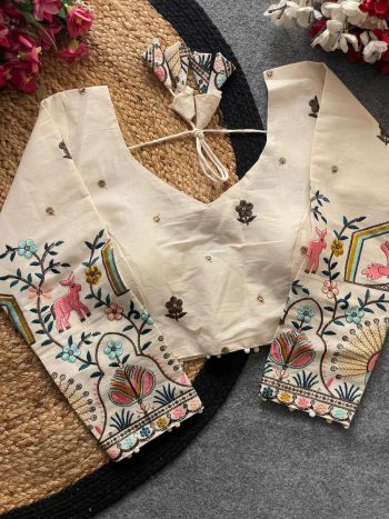 DESIGNER KHADI COTTON CHAIN STITCH EMBROIDERY WORK STITCHED BLOUSE OFF WHITE