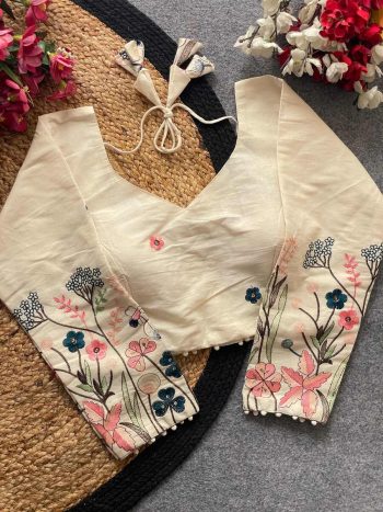 DESIGNER KHADI COTTON CHAIN STITCH EMBROIDERY WORK STITCHED BLOUSE OFF WHITE