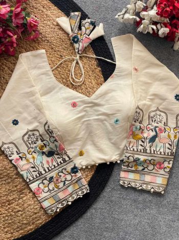 DESIGNER KHADI COTTON CHAIN STITCH EMBROIDERY WORK STITCHED BLOUSE OFF WHITE