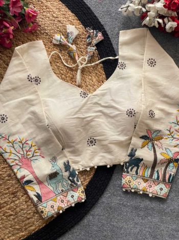 DESIGNER KHADI COTTON CHAIN STITCH EMBROIDERY WORK STITCHED BLOUSE OFF WHITE