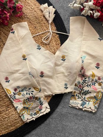 DESIGNER KHADI COTTON CHAIN STITCH EMBROIDERY WORK STITCHED BLOUSE OFF WHITE
