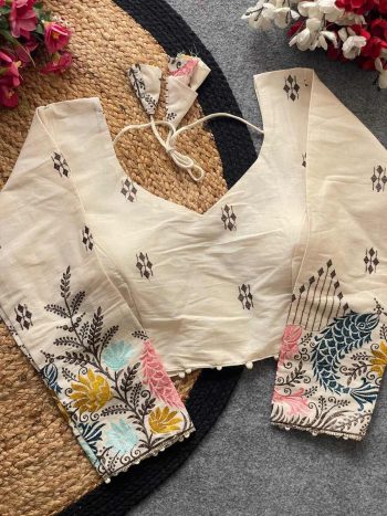 DESIGNER KHADI COTTON CHAIN STITCH EMBROIDERY WORK STITCHED BLOUSE OFF WHITE