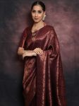 DESIGNER LICHI SILK ZARI WEAVING WORK SAREE WITH UNSTITCHED BLOUSE  BROWN