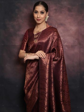 DESIGNER LICHI SILK ZARI WEAVING WORK SAREE WITH UNSTITCHED BLOUSE  BROWN