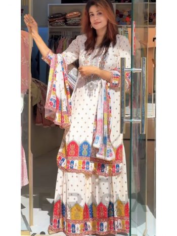DESIGNER MUSLIN DIGITAL PRINT WITH LACE AND REAL MIRROR WORK TOP PALAZZO WITH DUPATTA WHITE