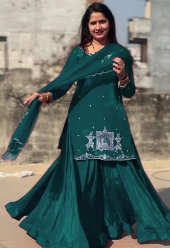 DESIGNER NATURAL CREEP SILK BEADS WITH THREAD AND SEQUENCE WORK TOP LEHENGA WITH DUPATTA GREEN