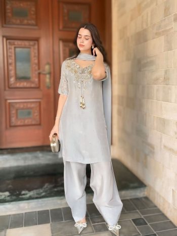DESIGNER NATURAL CREPE BEADS WITH EMBROIDERY SEQUENCE WORK TOP PATIYALA WITH DUPATTA GREY