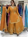 DESIGNER NATURAL CREPE EMBROIDERY SEQUENCE WORK TOP PALAZZO WITH DUPATTA YELLOW
