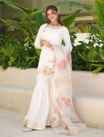 DESIGNER NATURAL CREPE EMBROIDERY SEQUENCE WORK TOP SHARAR WITH DUPATTA WHITE