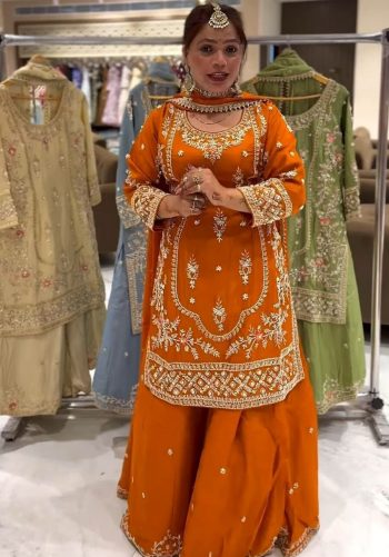 DESIGNER NATURAL CREPE SEQUENCE EMBROIDERY WORK TOP PALAZZO WITH DUPATTA  ORANGE