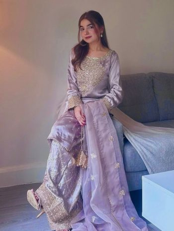 DESIGNER NATURAL CREPE SILK EMBROIDERY SEQUENCE WORK AND READY MADE LACE BORDER WITH HANDWORK TOP PALAZZO WITH DUPATTA LAVENDER