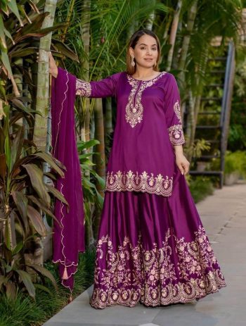 DESIGNER NATURAL CREPE SILK EMBROIDERY WITH FANCY LACE BORDER WORK TOP PALAZZO WITH DUPATTA WINE