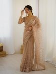 DESIGNER NET SEQUENCE AND DORI WORK SAREE WITH UNSTITCHED BLOUSE CREAM