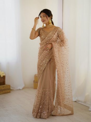 DESIGNER NET SEQUENCE AND DORI WORK SAREE WITH UNSTITCHED BLOUSE CREAM