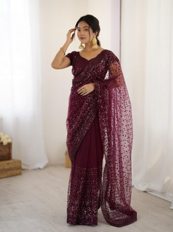 DESIGNER NET SEQUENCE AND DORI WORK SAREE WITH UNSTITCHED BLOUSE WINE