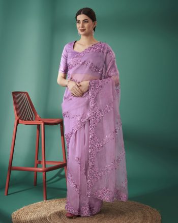 DESIGNER ORGANZA SILK EMBROIDERED AND SEQUENCE WITH THREAD AND CUTWORK BORDER SAREE WITH UNSTITCHED BLOUSE LAVENDER