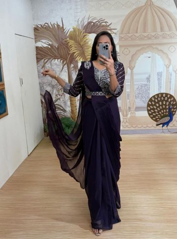 DESIGNER RANGOLI EMBROIDERY PATCH WORK READY TO WEAR SAREE WITH BLOUSE AND WAIST BELT PURPLE