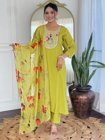 DESIGNER RAYON EMBROIDERY WORK TOP BOTTOM WITH DUPATTA LEMON