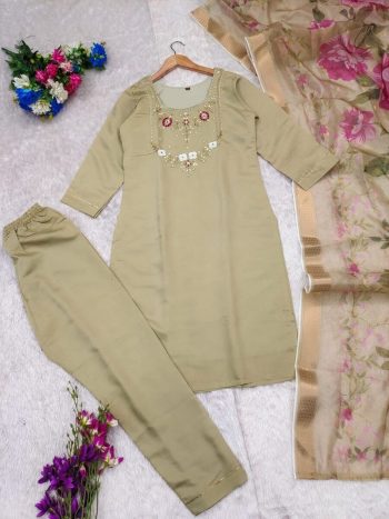 DESIGNER ROMAN SILK HANDWORK WITH FANCY LACE WORK TOP BOTTOM WITH DUPATTA CREAM