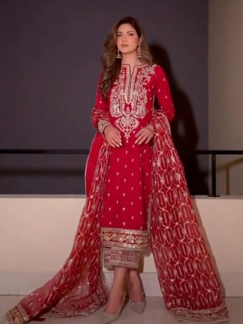 DESIGNER ROMAN SILK THREAD WITH SEQUENCE WORK TOP PALAZZO WITH DUPATTA RED
