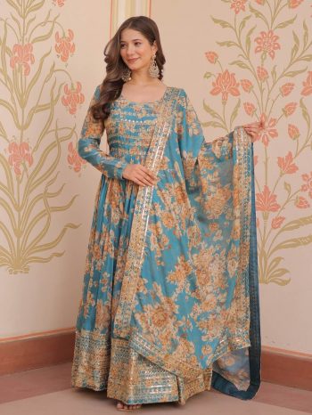 DESIGNER RUSSIAN SILK DIGITAL PRINT WITH EMBROIDERED SEQUENCE WORK GOWN WITH DUPATTA SKY