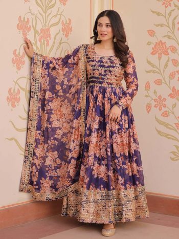 DESIGNER RUSSIAN SILK DIGITAL PRINT WITH EMBROIDERED SEQUENCE WORK GOWN WITH DUPATTA PURPLE
