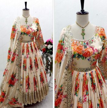DESIGNER SATIN SILK DIGITAL PRINT WITH HEAVY EMBROIDERY SEQUENCE WORK GOWN BOTTOM WITH DUPATTA  MULTI