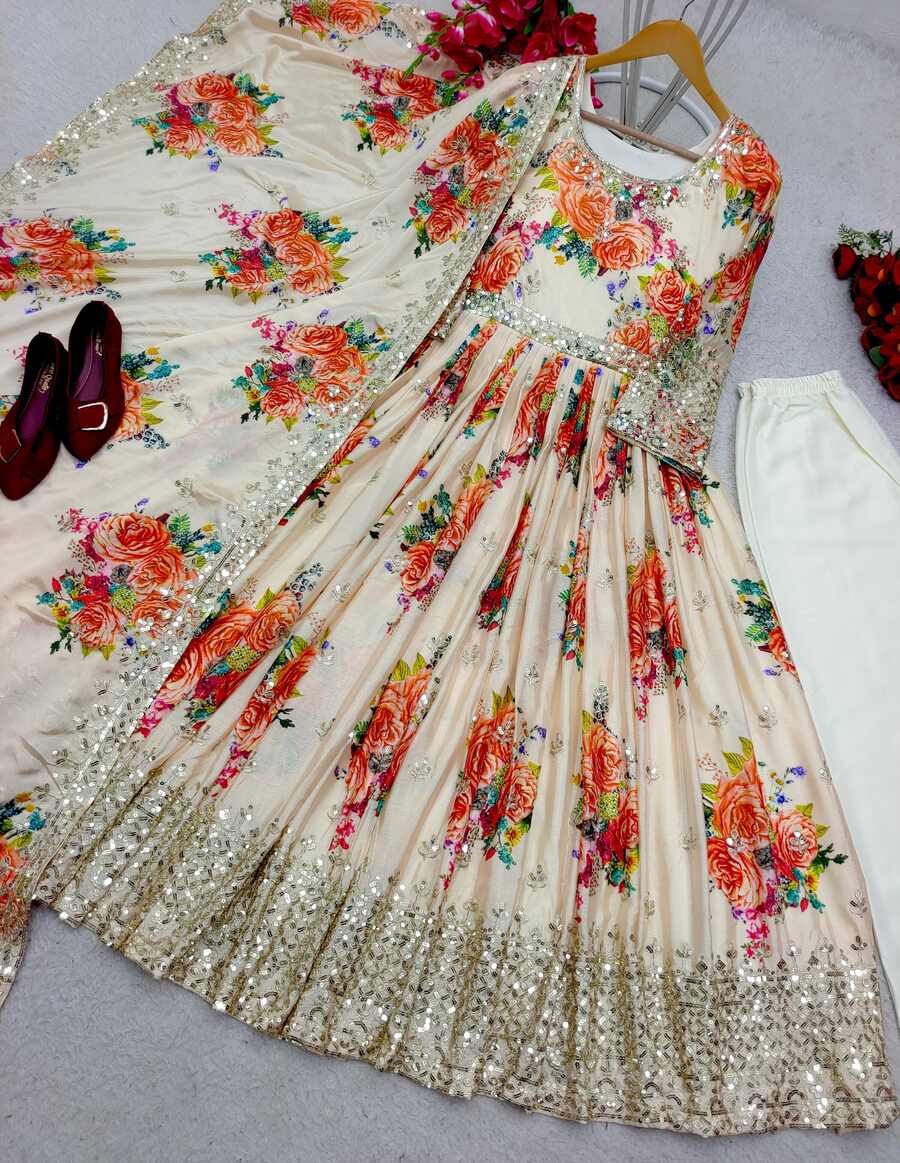 DESIGNER SATIN SILK DIGITAL PRINT WITH HEAVY EMBROIDERY SEQUENCE WORK GOWN BOTTOM WITH DUPATTA FESTIVE WEAR WHOLESALE PRICE ETHNIC GARMENT(5)