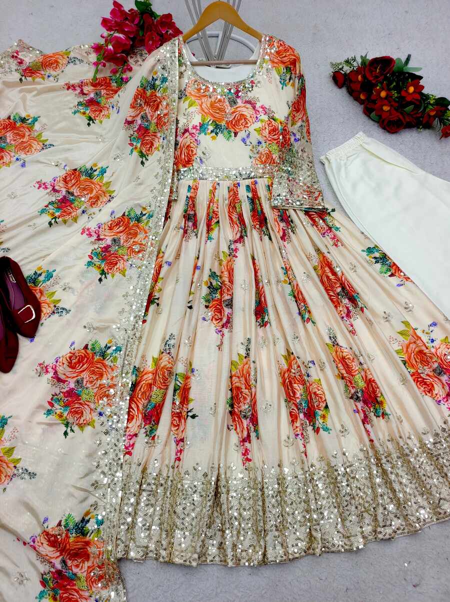DESIGNER SATIN SILK DIGITAL PRINT WITH HEAVY EMBROIDERY SEQUENCE WORK GOWN BOTTOM WITH DUPATTA FESTIVE WEAR WHOLESALE PRICE ETHNIC GARMENT(6)